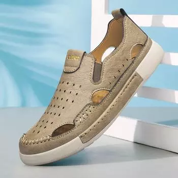 Мужские повседневные кожаные сандалии, прочные, сшитые вручную, с закрытым носком, нескользящие, для использования в помещении, на открытом воздухе, на пляже 39 хаки