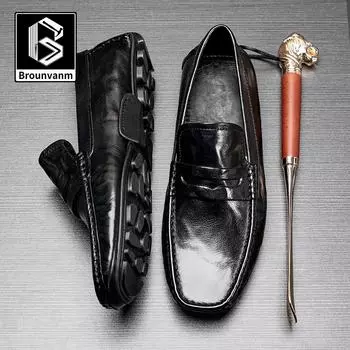 Мужские повседневные кожаные туфли Bowei с одной педалью, ленивые туфли Doudou, удобные деловые мягкие мокасины из коровьей кожи 38 чёрный