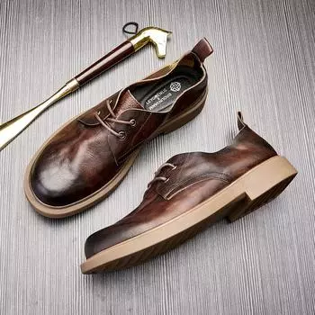 Мужские повседневные кожаные туфли, деловые универсальные туфли, модные кожаные туфли с круглым носком, модные зеленые туфли небольшого размера из кожи 38 темно-коричневого