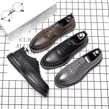 Мужские повседневные кожаные туфли с острым носком, модные простые деловые туфли на платформе со шнуровкой 12999-C 38 чёрный