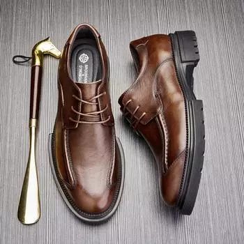 Мужские повседневные кожаные туфли в стиле ретро с низким верхом, весенне-осенние кожаные туфли-одиночки, деловые туфли в британском стиле со шнуровкой 38 коричневый