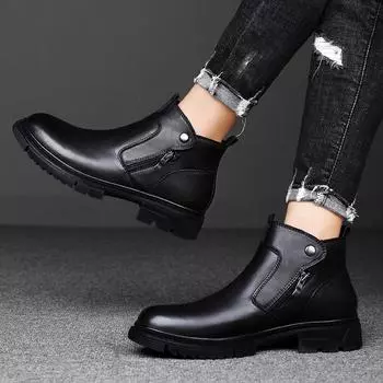 Мужские повседневные кроссовки из натуральной кожи на шнуровке, уличные ботинки, теплые плюшевые зимние ботинки для мужчин, боковая молния, новые мотоциклетные ботинки 36