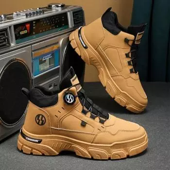 Мужские повседневные кроссовки на платформе, высококачественные, удобные, высокие рабочие ботинки Saft, модные мужские, вращающиеся кнопки, кожаные ботинки для тенниса 39 коричневый