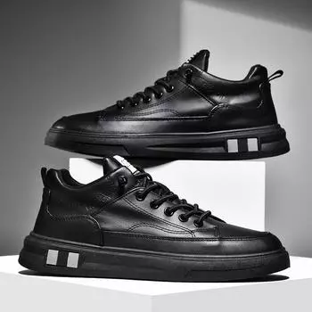 Мужские повседневные кроссовки средней высоты из черной кожи 2024 года: Модная обувь на весну и осень Size 43