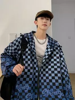 Мужские повседневные куртки с шахматным принтом, пальто на молнии, уличная одежда, повседневные новые модные пальто, толстовки, куртки со стоячим воротником, одежда S