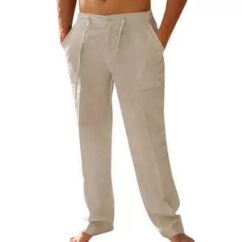 Мужские повседневные льняные брюки с заплатками и завязками, прямые, летние, пляжные, для йоги XL хаки