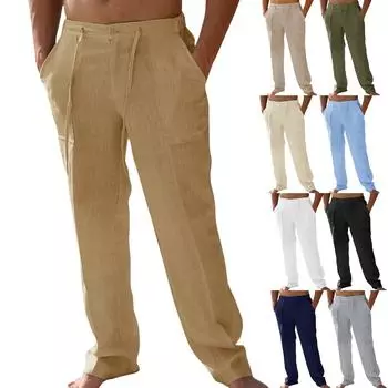 Мужские повседневные льняные брюки с заплатками и завязками, прямые, летние, пляжные, для йоги L чёрный