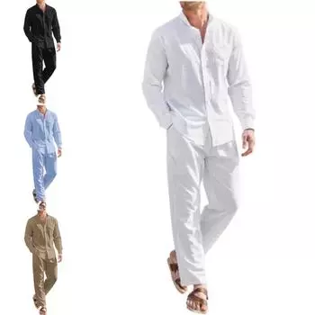 Мужские повседневные льняные комплекты из двух предметов больших размеров в европейском стиле, винтажные базовые топы и однотонные брюки, костюм, мужской пляжный спортивный костюм, комплект XL небесно-голубой