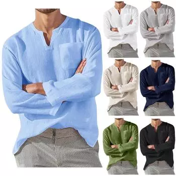 Мужские повседневные льняные однотонные рубашки с длинным рукавом, свободные рубашки с воротником-стойкой XXL чёрный