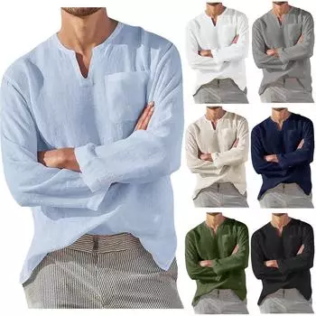 Мужские повседневные льняные однотонные рубашки с длинным рукавом, свободные рубашки с воротником-стойкой XXL чёрный