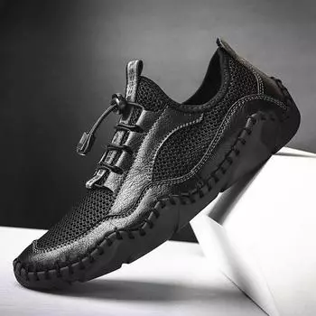 Мужские повседневные лоферы без шнуровки из натуральной кожи премиум-класса, дышащая обувь на плоской подошве для вождения 48 чёрный