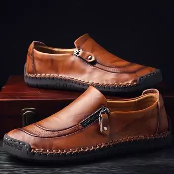 Мужские повседневные лоферы из кожи в стиле пэчворк с разрезом на молнии и круглым носком, модные лоферы с нескользящей шовной подошвой 38 чёрный