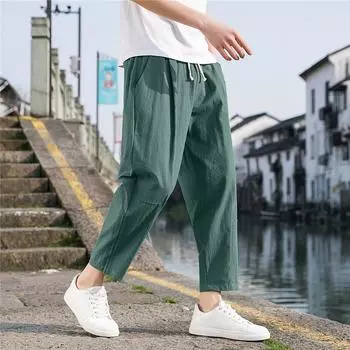 Мужские повседневные модные однотонные хлопковые льняные брюки, удобные дышащие брюки XXL