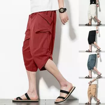 Мужские повседневные модные однотонные хлопковые льняные брюки с большим карманом и укороченными брюками XXXXXL чёрный