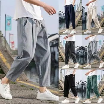 Мужские повседневные модные однотонные хлопковые льняные брюки, удобные дышащие брюки M чёрный