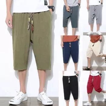 Мужские повседневные однотонные хлопковые льняные легкие удобные повседневные шорты, укороченные брюки XXXL чёрный