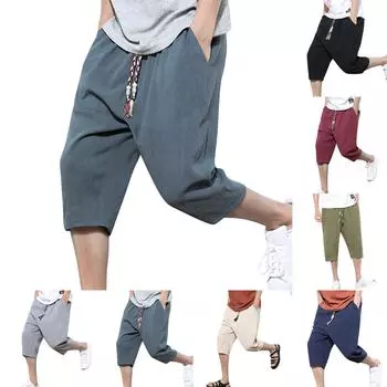 Мужские повседневные однотонные хлопковые льняные легкие удобные повседневные шорты, укороченные брюки XXXL