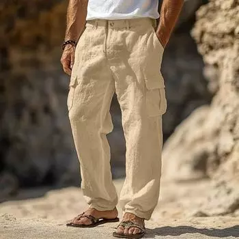 Мужские повседневные прямые брюки, однотонные уличные брюки, свободный крой, пляжные брюки с несколькими карманами для фитнеса, путешествий, повседневной носки L хаки