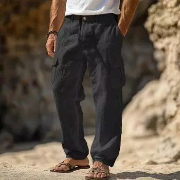 Мужские повседневные прямые брюки, однотонные уличные брюки, свободный крой, пляжные брюки с несколькими карманами для фитнеса, путешествий, повседневной носки L хаки