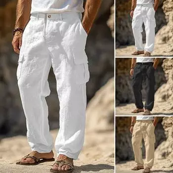 Мужские повседневные прямые брюки, однотонные уличные брюки, свободный крой, пляжные брюки с несколькими карманами для фитнеса, путешествий, повседневной носки L хаки