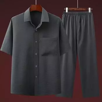 Мужские повседневные рубашки + брюки, летние хлопковые льняные спортивные комплекты, мужские модные рубашки и брюки в китайском стиле S темно-синий