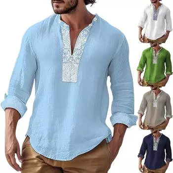 Мужские повседневные рубашки из хлопка и льна с рисунком, цветные рубашки с длинными рукавами, рубашки с вырезом на молнии, повседневная одежда S зелёный