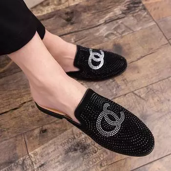 Мужские повседневные сандалии Baotou с туфлями Doudou, полутапочки Tide, мужские летние интернет-знаменитости, инкрустированные бриллиантами, без каблука, кожаные туфли Lazy 38
