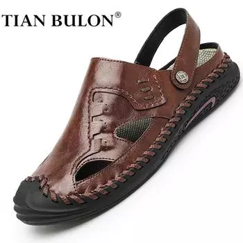 Мужские повседневные сандалии из натуральной кожи, ручная работа, мужские дышащие летние тапочки, роскошные сандалии для отдыха, большие размеры 38-46 46