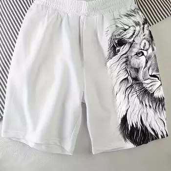Мужские повседневные шорты больших размеров, спортивные брюки с кулиской и принтом «Лев» S белый