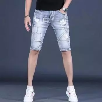 Мужские повседневные шорты из денима в стиле ретро с рваными краями — прямой крой с рисунком «кошачьи усы» для модного летнего образа 32