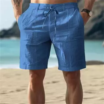 Мужские повседневные шорты из хлопка и льна, летние дышащие однотонные брюки на резинке и шнурке, уличная одежда, спортивная одежда S-3XL S джинсовый синий