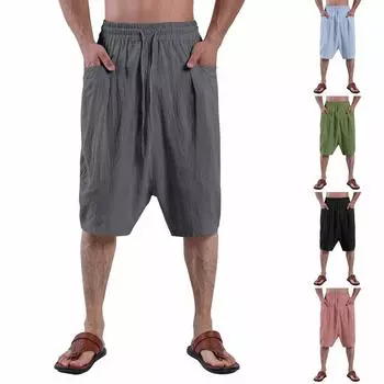 Мужские повседневные шорты на шнурке Мужские дышащие шорты из хлопка и льна с большими карманами L чёрный