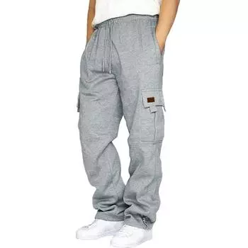 Мужские повседневные спортивные брюки с эластичным шнурком и множеством карманов, мужские свободные прямые брюки, длинные флисовые брюки для фитнеса S красный