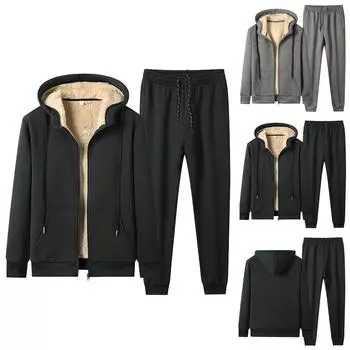 Мужские повседневные спортивные брюки с утепленными флисовыми карманами и флисовой подкладкой + пальто с капюшоном L чёрный