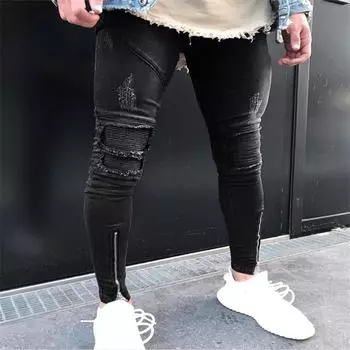 Мужские повседневные спортивные джинсовые брюки с карманами для фитнеса, бодибилдинга и полной длины XL чёрный