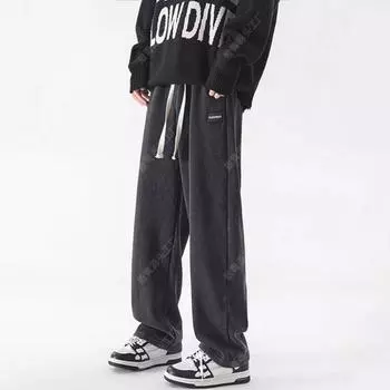 Мужские повседневные спортивные штаны HuiTouLv на осень — свободный крой, прямой покрой, уличный стиль, доступны большие размеры. M чёрный
