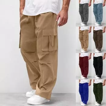 Мужские повседневные спортивные свободные прямые рабочие брюки с карманами, длинные брюки XXXL чёрный