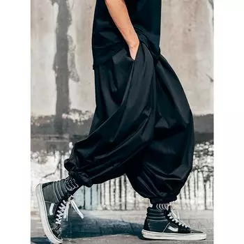 Мужские повседневные свободные брюки из полиэстера, ткань 100% полиэстер, однотонный цвет, стандартная длина, не тянется, очень свободный фасон S чёрный