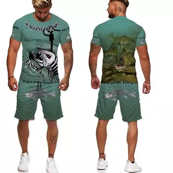 Мужские повседневные свободные футболки/брюки/костюмы с 3D принтом для рыбалки, весна-лето, большие размеры в стиле Харадзюку, забавный топ, шорты с графикой, комплект одежды S