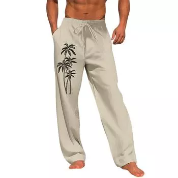 Мужские повседневные свободные и удобные повседневные брюки, хлопковые льняные брюки с принтом на шнуровке L хаки