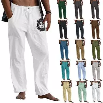 Мужские повседневные свободные и удобные повседневные брюки, хлопковые льняные брюки с принтом на шнуровке