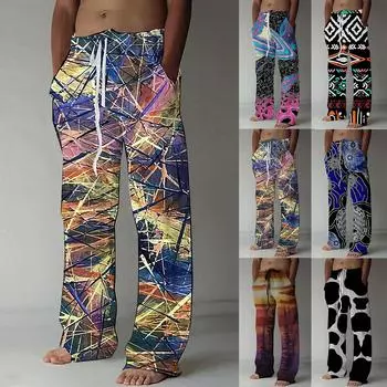 Мужские повседневные свободные и удобные повседневные брюки, хлопковые льняные брюки с принтом на шнуровке