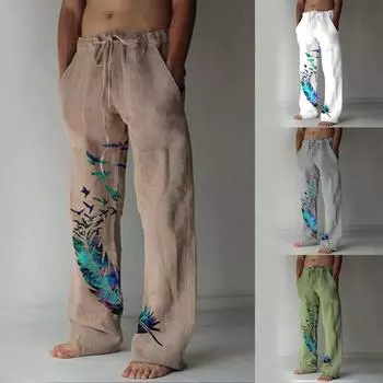 Мужские повседневные свободные и удобные повседневные брюки, хлопковые льняные брюки с принтом на шнуровке