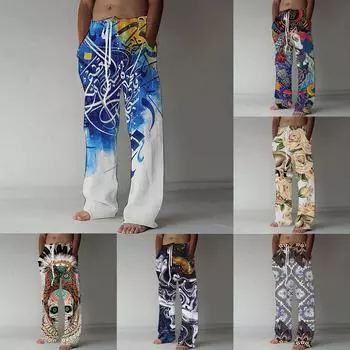 Мужские повседневные свободные и удобные повседневные брюки, хлопковые льняные брюки с принтом на шнуровке