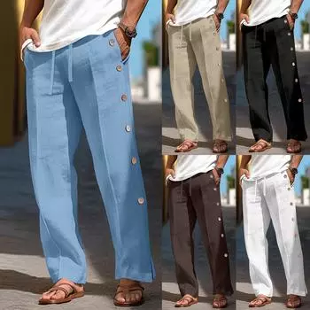 Мужские повседневные свободные и удобные повседневные брюки, хлопковые льняные брюки с пуговицами L чёрный