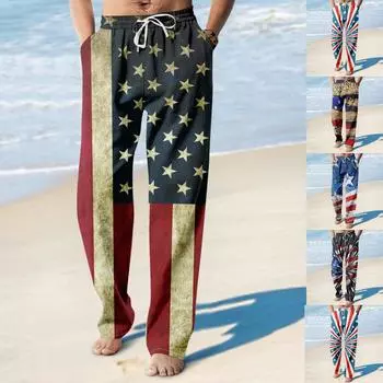 Мужские повседневные свободные и удобные повседневные брюки, хлопковые льняные брюки с принтом на шнуровке L чёрный