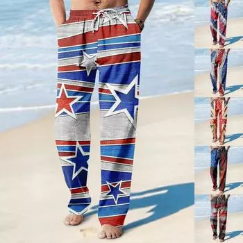 Мужские повседневные свободные и удобные повседневные брюки, хлопковые льняные брюки с принтом на шнуровке L синий