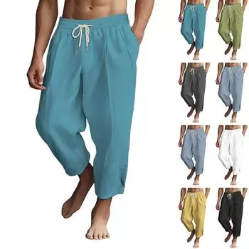 Мужские повседневные свободные и удобные повседневные брюки, хлопковые льняные брюки с принтом на шнуровке