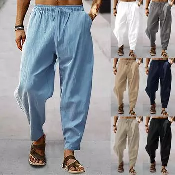 Мужские повседневные свободные и удобные повседневные брюки, хлопковые льняные брюки с пуговицами L бежевый