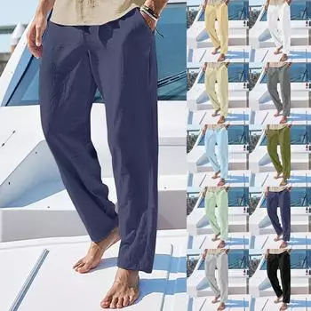 Мужские повседневные свободные и удобные повседневные брюки, хлопковые льняные брюки на шнуровке L